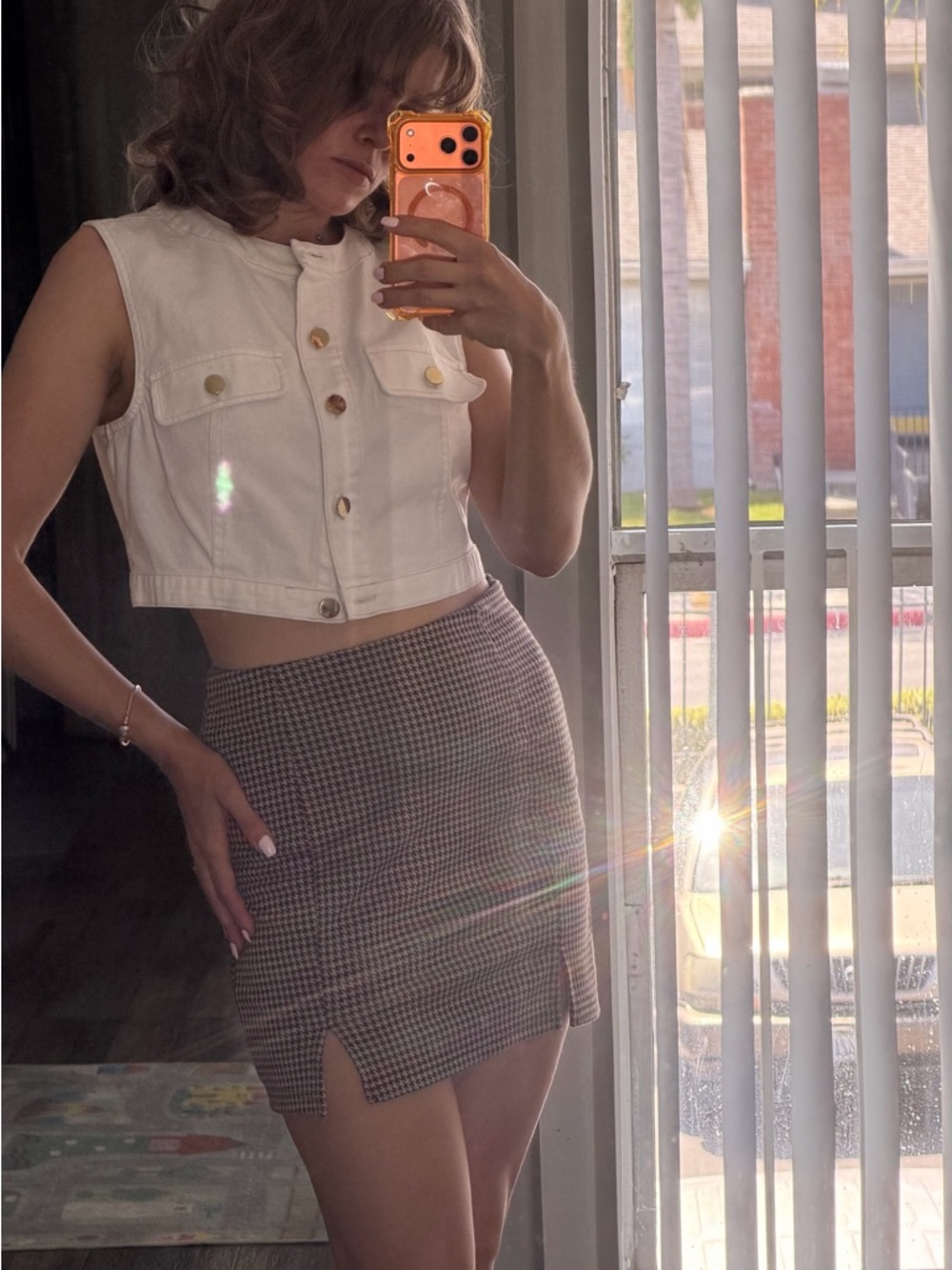SHEIN Brown Houndstooth Mini Skirt with Front Slit